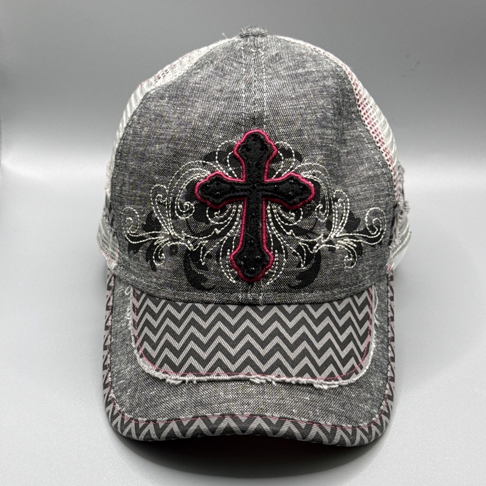 Cross Hat for Women Bedazzled Gray/Pink Adjustable Ponytail Cap Bling